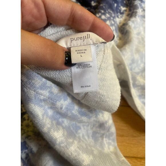 Pure Jill women's linen/cotton Blue & White Pattern open back Short Sleeve Top L - Picture 8 of 8
